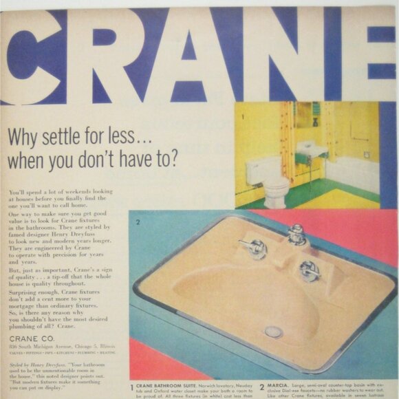 Crane 1956 Vintage Print Ad Bathroom Suite Yellow Porcelain Sink Faucets MOD AD - Picture 2 of 2